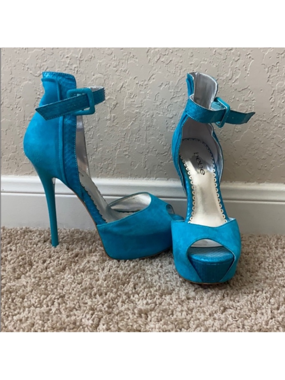 bebe Turquoise Suede Platform Ankle-Strap Heels